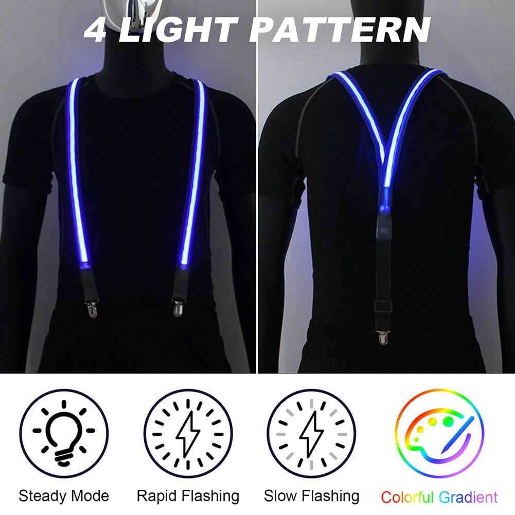 Ainiv Light Up Suspenders, Man LED Luminous Suspenders, 3 Flash Modes LED Glow Suspenders, Adjustable Illuminated Bow Ties with Zipper, Costume Accessory for Parties, Bars, Halloween, School(7 colors)