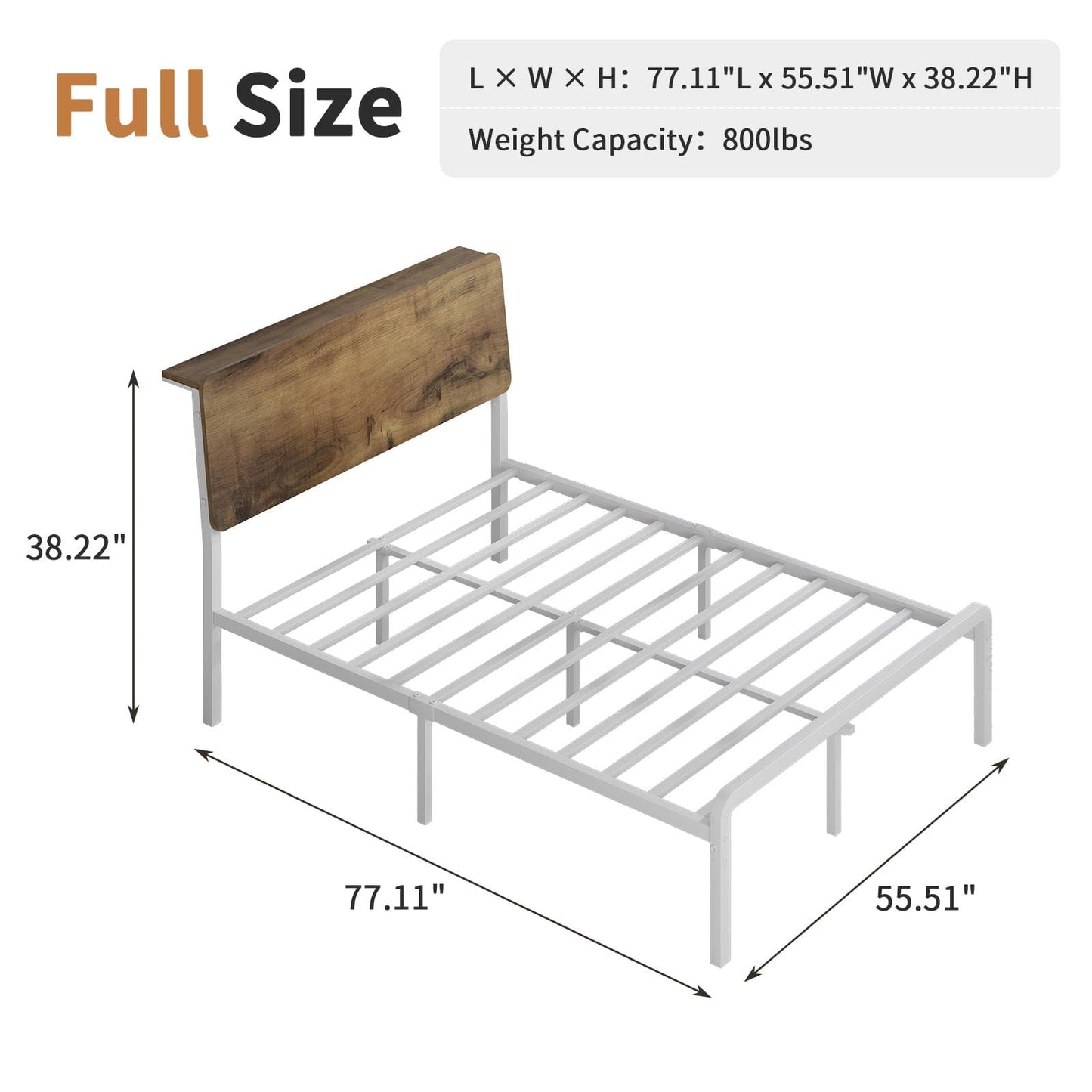 MaverickFurni Full Bed Frame, LED Bed Frame with Storage Headboard, Metal Platform Bed Full Size, Heavy Duty Metal Slats, No Box Spring Needed, Easy Assembly, White and Walnut