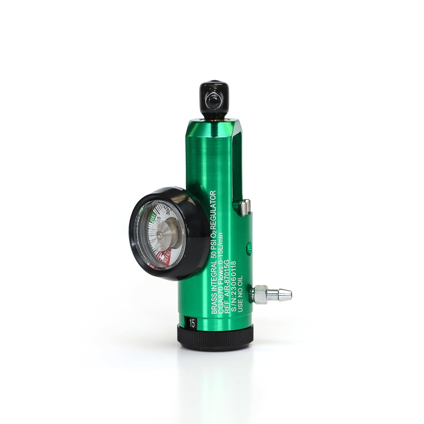 AireMed Oxygen Regulator 0-15LPM, CGA-870 Gauge Flow Rate – Includes Wrench Key, 5 Brass Yoke Washer Seals, and 2 Oxygen Tubing Swivel Connectors - Ergonomic Handle Design – Green