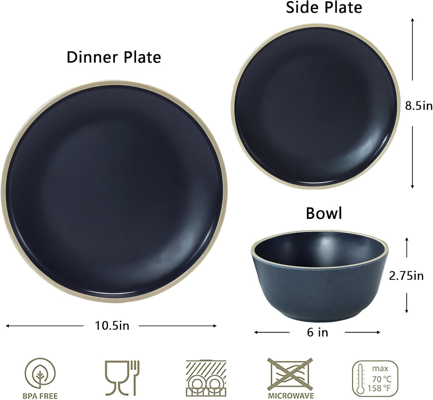 Melamine Dinnerware Sets for 4,12 Pcs Plate and Bowl Set,Unbreakable dish set,BPA Free,Suitable Indoors And Outdoors (Matte Black)