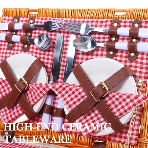 Neti Neti Wicker Picnic Basket for 4 with Insulated Cooler & Waterproof Blanket – Large Willow Picnic Hamper for Outdoor, ...