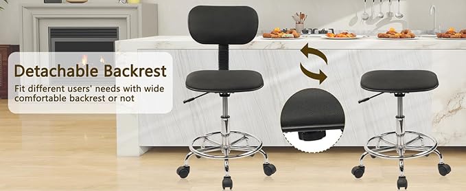 Low Wide Rolling Swivel Stool with Backrest, Adjustable Height Salon Chair Stools with Footrest for Spa Tattoo Office Desk Massage Task Lash Barber Facial, Black 4PK