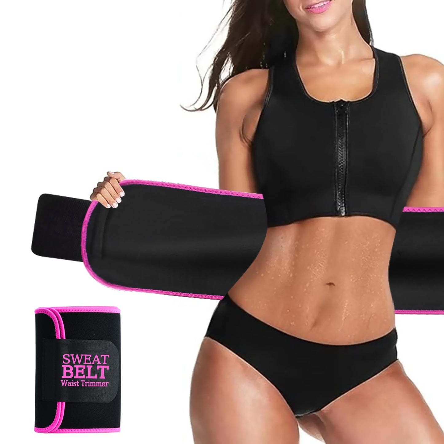 AMZBOSS Waist Trainer for Women Lower Belly Fat, Waist Sweat Band for Women, Belly Band Sweat Belt, Stomach Wrap, Body Shaper, Great Gym Accessories for Sauna, Working Out, Fitness, Medium Black/Pink