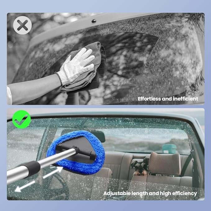 Car Windshield Cleaning Tool Set, Interior Exterior Auto Glass Cleaner Kit with Extendable Handle and 4 Reusable Microfiber Pads for Cars Trucks and Home (Grey)