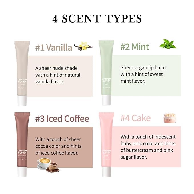 4 Flavors Lip Glossy Butter Balm Lip Tint Hydrating Lip Gloss Ultra-Hydrating & Nourishing Lip Care with Natural Ingredients (01# Vanilla)