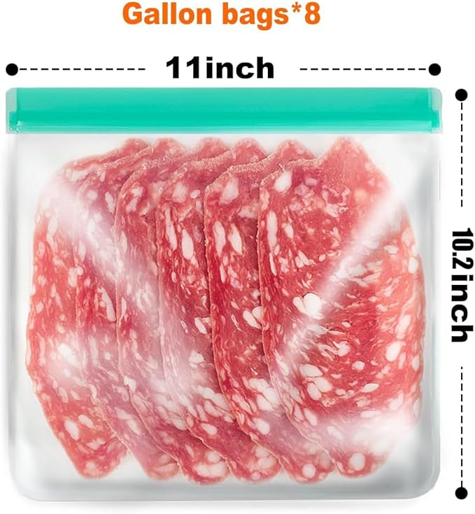 8 Pack Reusable Gallon Freezer Bags Dishwasher Safe, BPA Free Reusable 1 Gallon Bags Silicone, Leakproof Storage Bags for Marinate Meats, Cereal, Vegetables, Home Organization(Green)