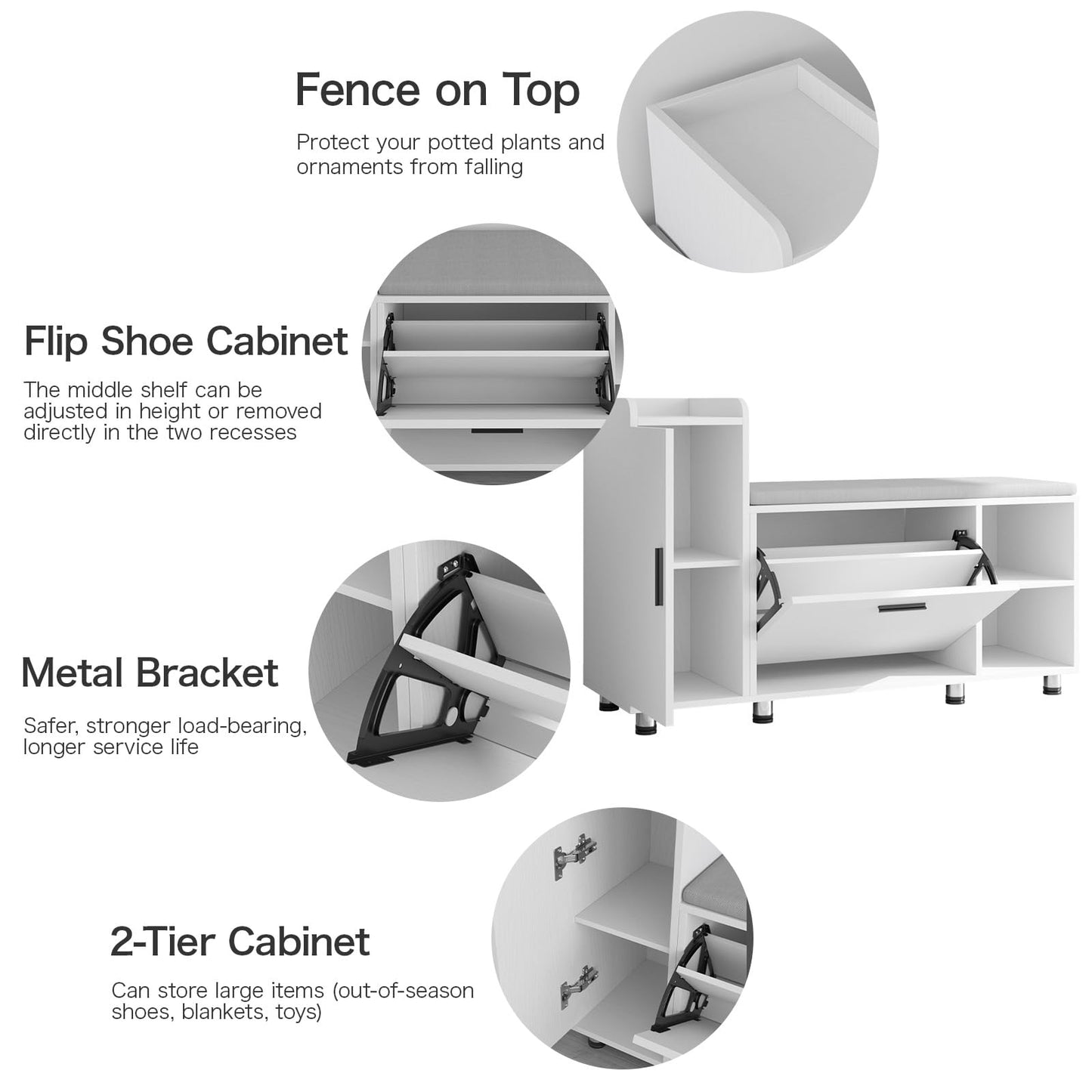 Maupvit Shoe Storage Bench with Flip Drawer Shoe Cabinet, 8 Adjustable Metal Feet, White