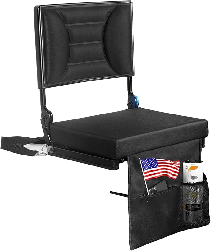 Extra Wide Stadium Seat with Back Support | Adjustable High Back & Thick Padded | Bleacher Chairs with back and Cushion, Includes Cup Holder, Shoulder Strap, Perfect for Concerts, Sports Events-BL
