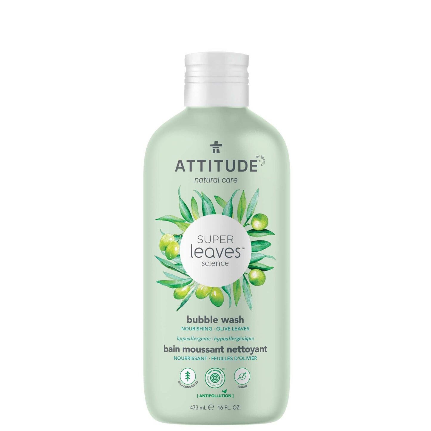 ATTITUDE Bubble Bath, EWG Verified, Plant and Mineral-Based, Dermatologically Tested, Vegan Body Care Products, Olive Leaves, 16