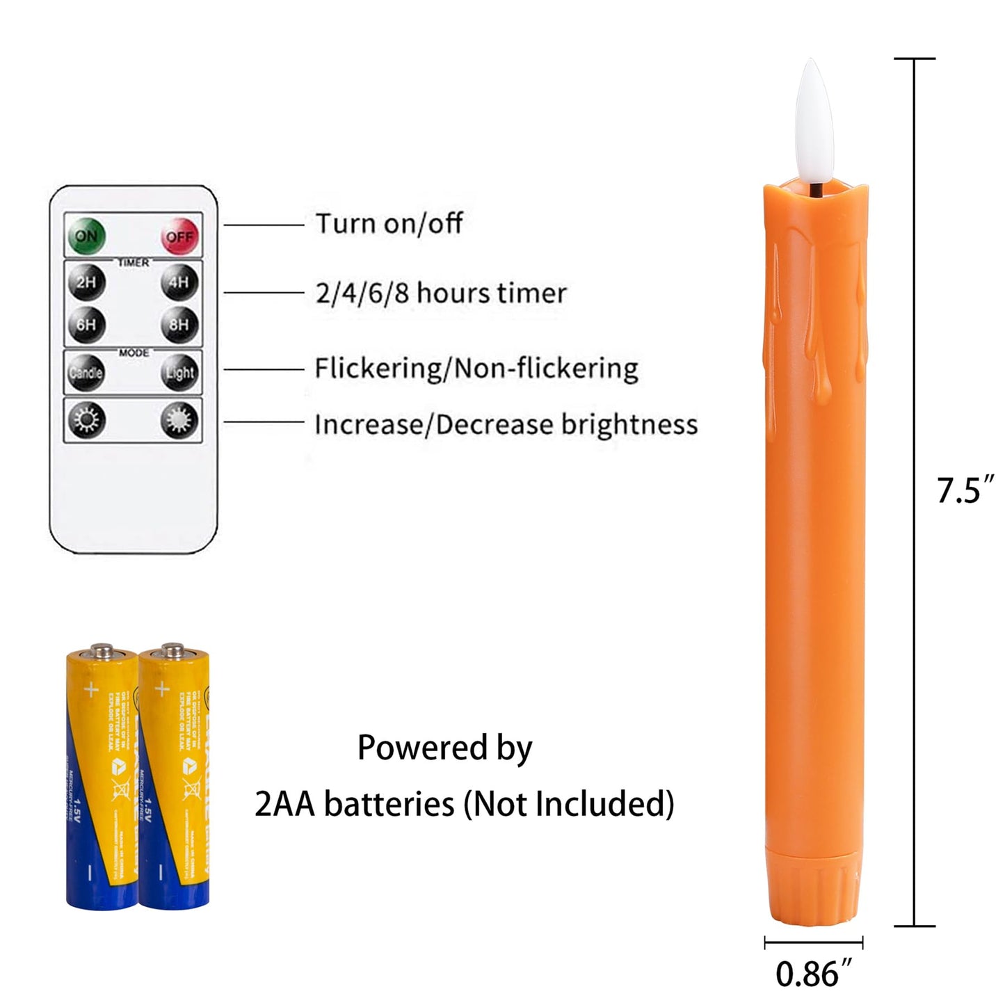 Mavandes Flameless Flickering Taper Candles Two Remote,7.5 Inch Orange Battery Operated LED Window Candles Timer,Set of 8 Plastic 3D-Wick Dripping-Wax Effect Flameless Candlesticks(0.86”Dia,Warm Fire)