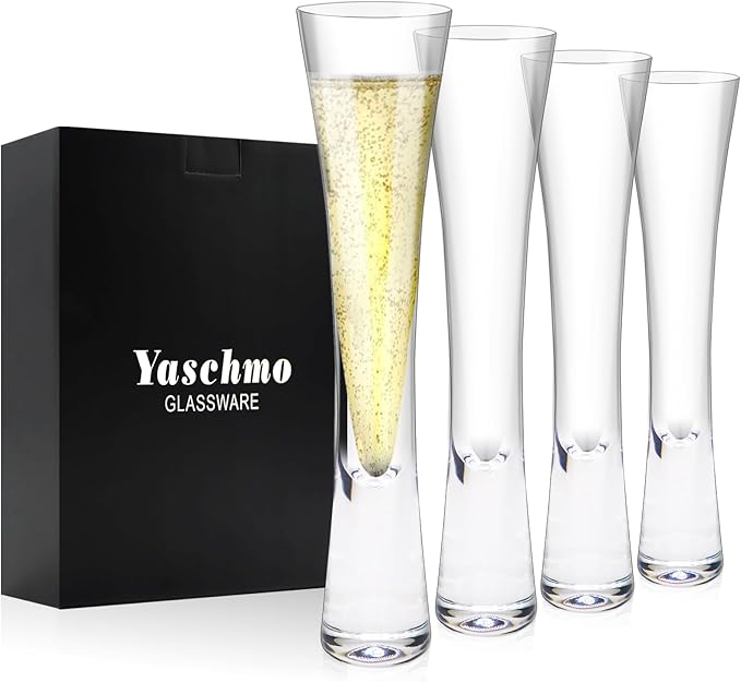 Yaschmo Champagne Flutes Set of 4, Hand Blown Crystal Champagne Glasses, Modern Unique Design, Lead-Free Prosecco Glasses,...
