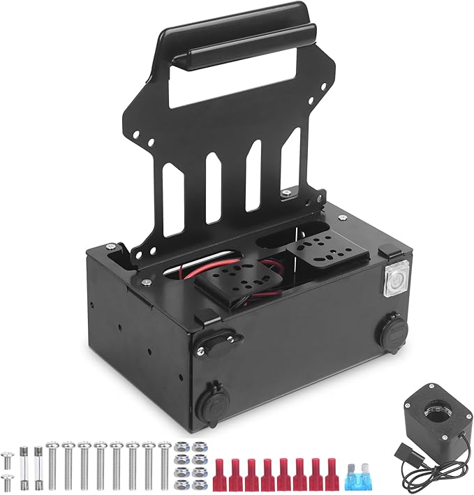Haoguo Portable Ice Fishing Power Station Mount with Battery Compartment, Dual USB Ports, 12V Car Socket, SAE & Blade Conn...