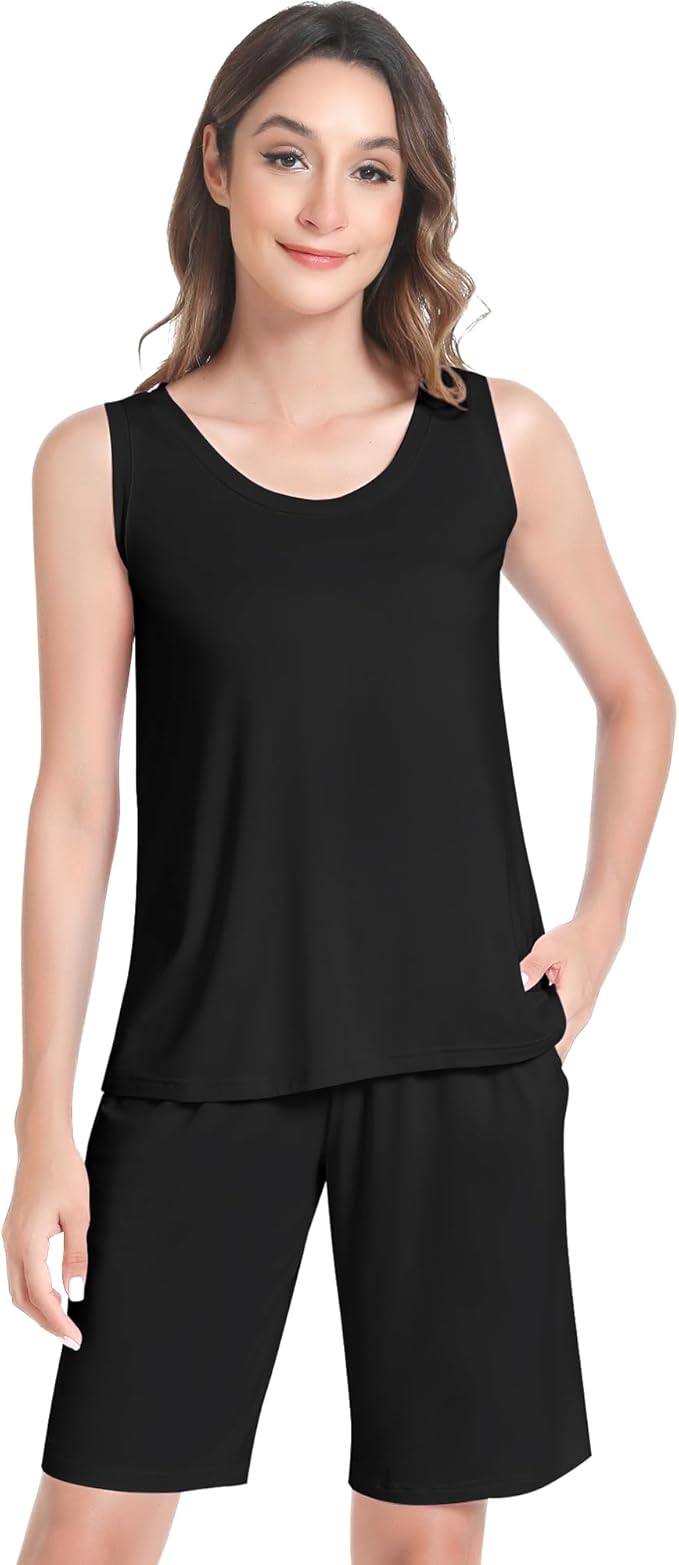 NACHILA Pajamas for Women-Viscose from Bamboo, Ribbed Racerback Tank Top Sexy Split Shorts Pajama Sets Cooling Sleep Cami Pjs