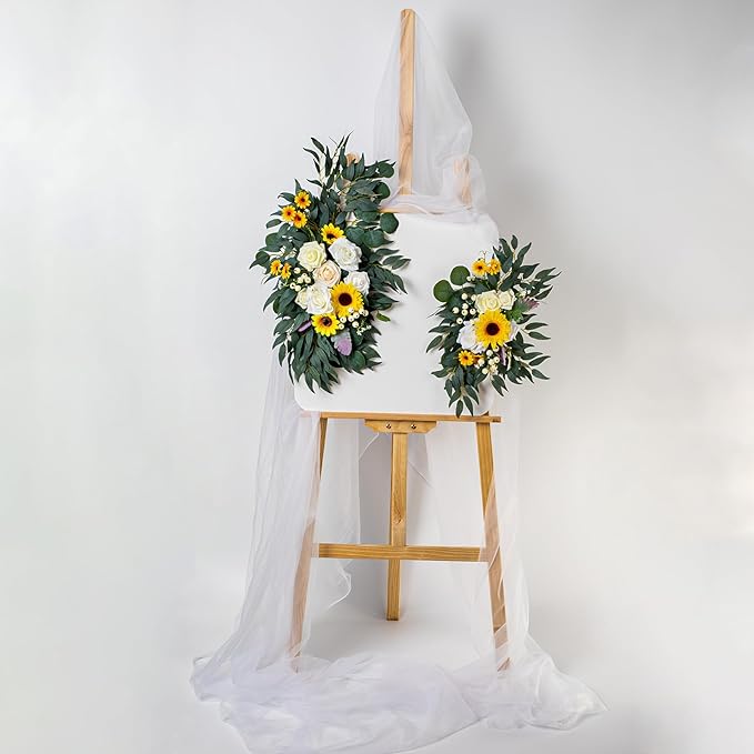 AitnWoy Artificial Wedding Arch Flowers Kit 2 PCS Dust Rose Flowers Silk Peony Floral Swag Welcome Sign for Wedding Ceremony Party Home Garland Decor (Sunflower Yellow)