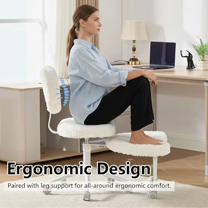 Cross Legged Office Chair with Wheels–360°Swivel Meditation Chair, Adjustable Height Yoga Office Chair for Adults, Ergonomic Kneeling Chair with Back Support for ADHD, Faux Fur, Cream
