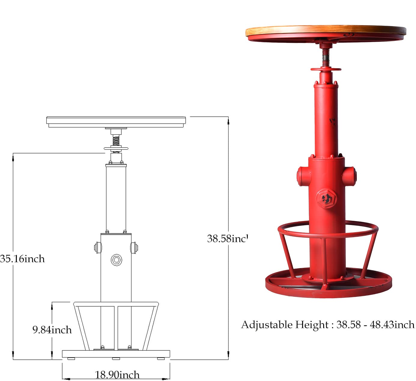 Topower Industrial Bar Table 38.58-48.43" Adjustable Pub Table Kitchen Dining Coffee Bistro Table Antique Red