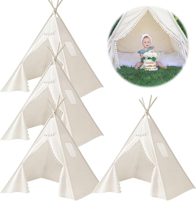 4 PCS Teepee Tent for Kids,Washable Tapered Kids Teepee Tent,Bohemian Teepee Tents,White Collapsible Sleepover Tents,for B...