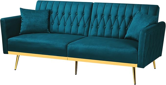 ACMEASE 70” Velvet Futon Sofa Bed w/Adjustable Armrests and Backrest, Convertible Futon Couch w/2 Pillows, Modern Sleeper Bed for Living Room, Bedroom, Teal
