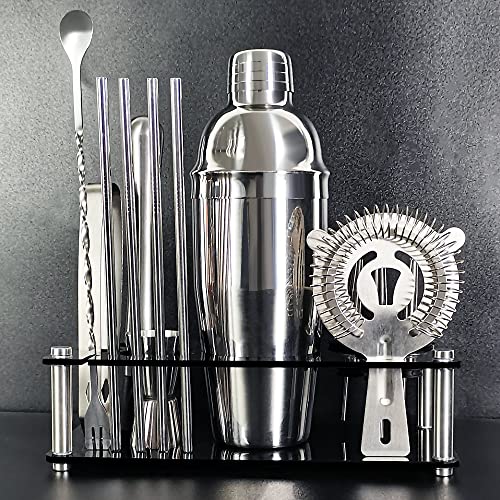 Bartender Kit, 13 Piece Cocktail Shaker Set Stainless Steel Bar Tools with Black Stand, 25 oz Shaker, Jigger, Spoon, Poure...