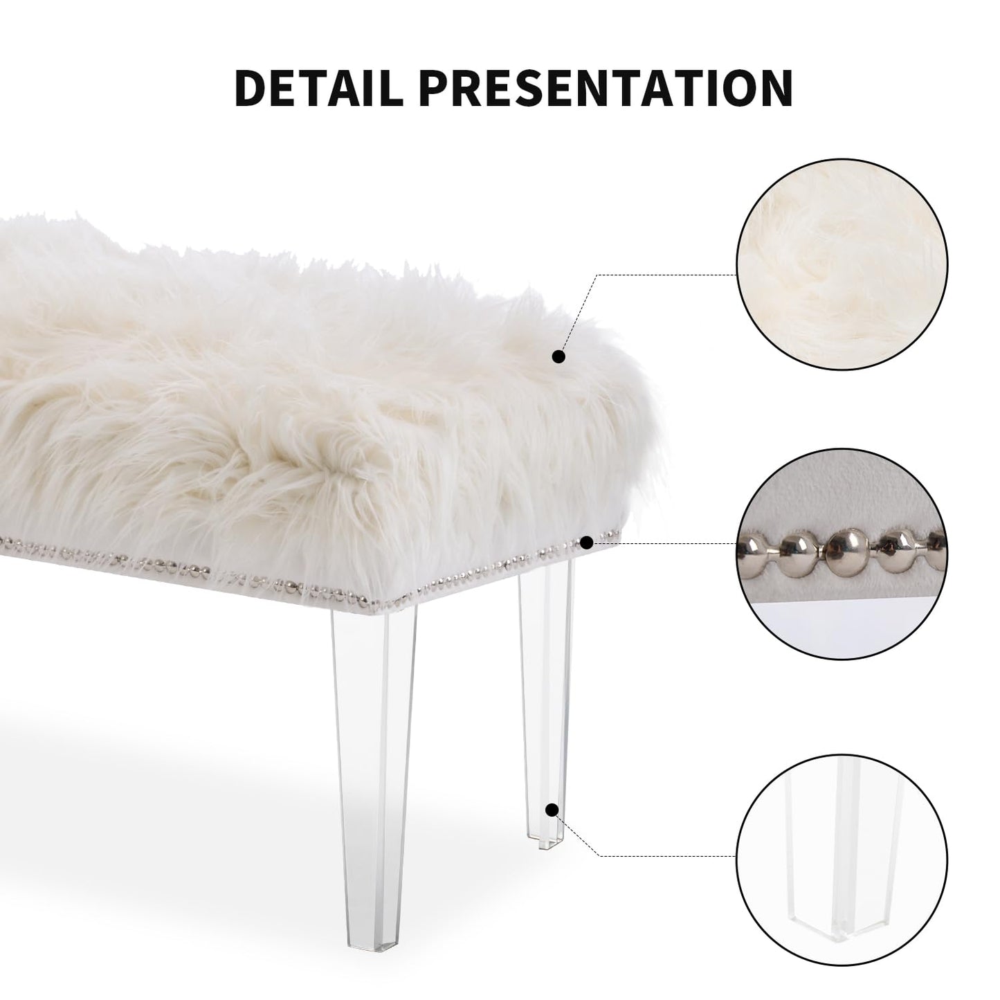 Deenziilix Entryway Ottoman Bench, Faux Fur Foot Rest Stool Shoe Bench, Upholstered Furry End of Bench, Ottoman Bench with Acrylic Legs for Bedroom, Makeup Room, Vanity or Bed End, Gift, White