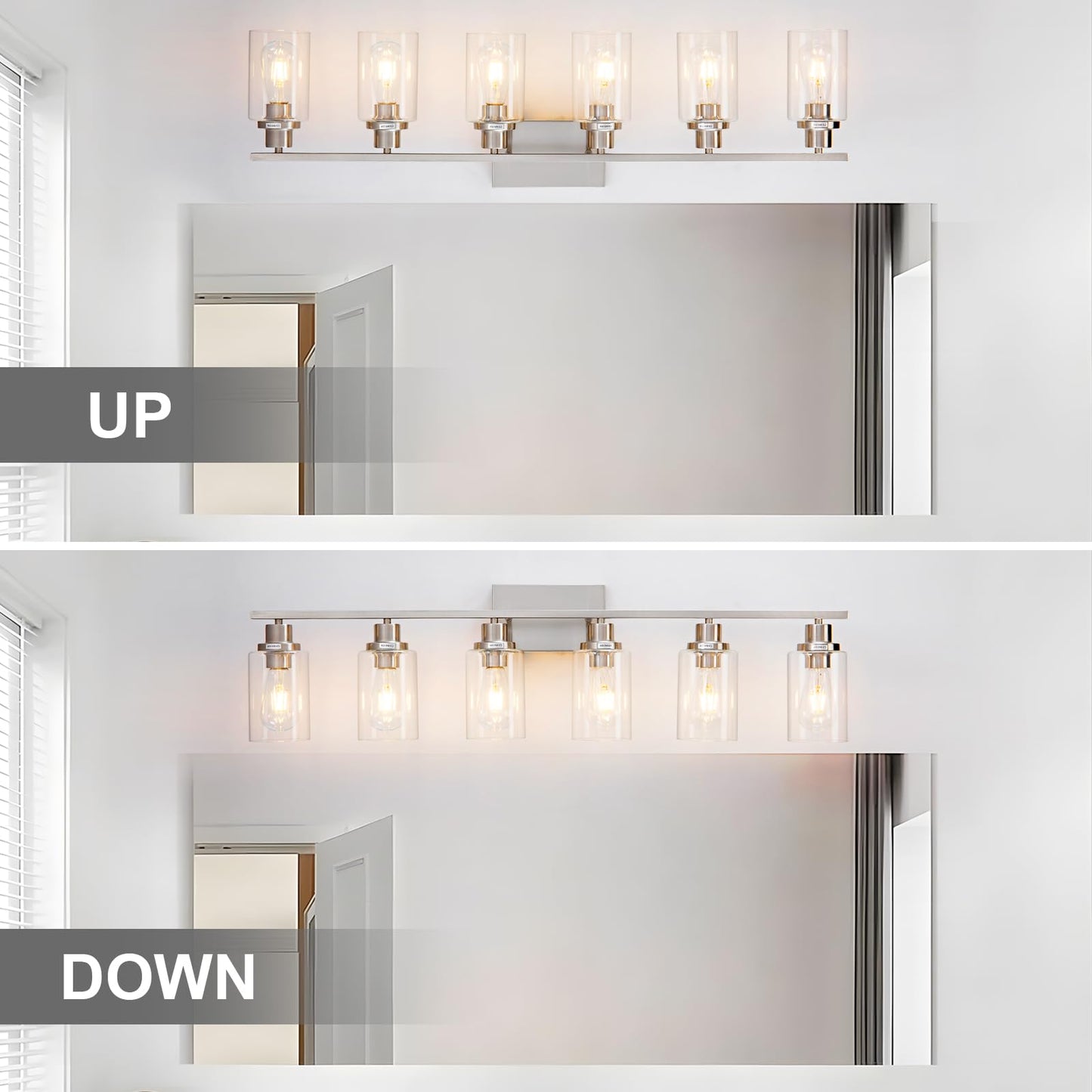 HCCZ 6 Light Bathroom Light Fixtures Brushed Nickel Vanity Light Over Mirror Modern Farmhouse Wall Lighting Sconces Wall Lamp for Bathroom, Bedroom, Living Room E26 Socket with Glass Shade