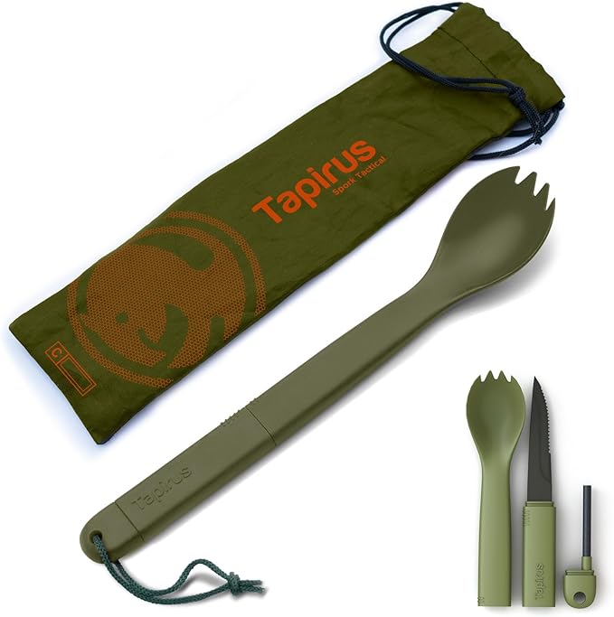 Tapirus Spork Tactical Green | BPA Free Spoon Fork, Stainless Steel Knife and Fire Starter | 3 in 1 multipurpose utensil |...