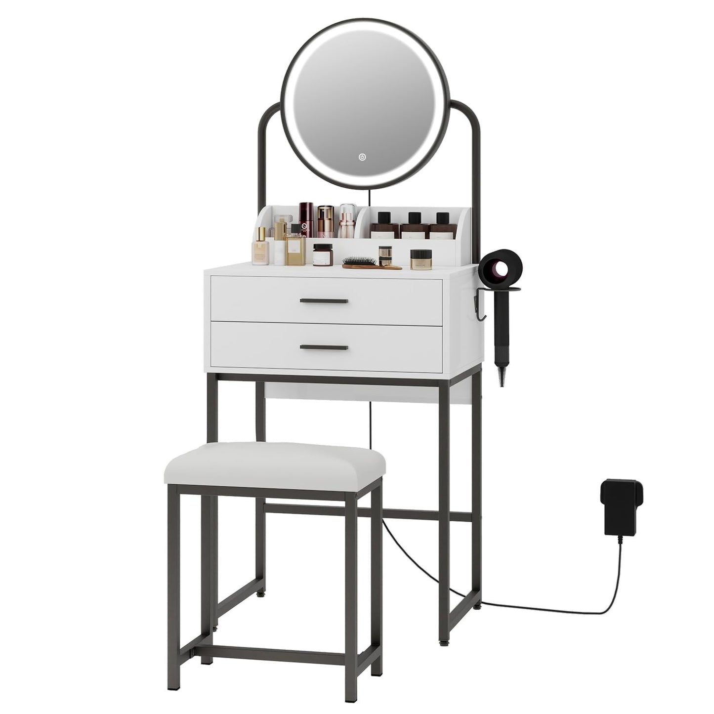 ARTETHYS Small Vanity Desk with Mirror and Lights Compact Makeup Vanity Set with Drawers for Bedroom Mini White Modern Dressing Table with Stool