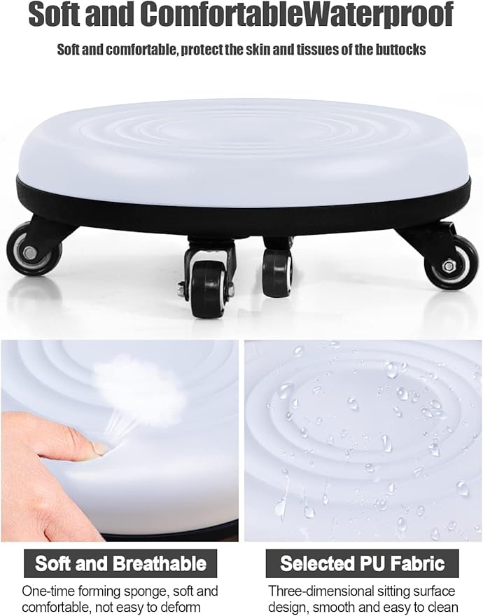 Lanstics Low Rolling Stool White Short Roller Seat Stool Unadjustable Leather Low Roller Seat Stools (White)