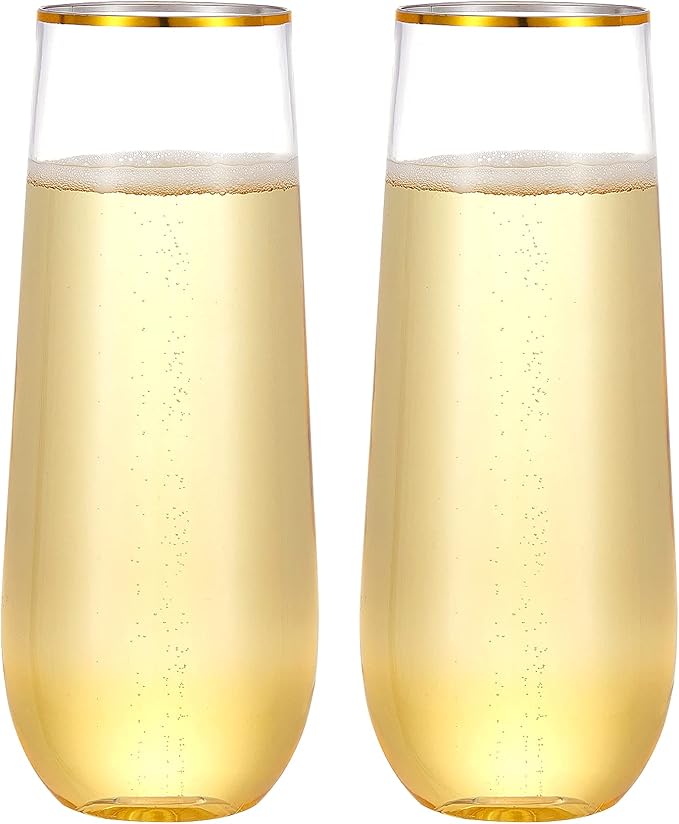 N9R 24PCS Plastic Champagne Flutes, 9 Oz Stemless Disposable Gold Rim Toasting Glasses, Crystal Clear Cocktail Cups Drinkw...