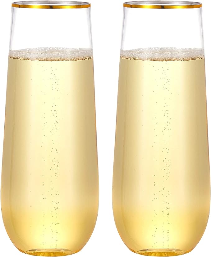 N9R 24PCS Plastic Champagne Flutes, 9 Oz Stemless Disposable Gold Rim Toasting Glasses, Crystal Clear Cocktail Cups Drinkw...