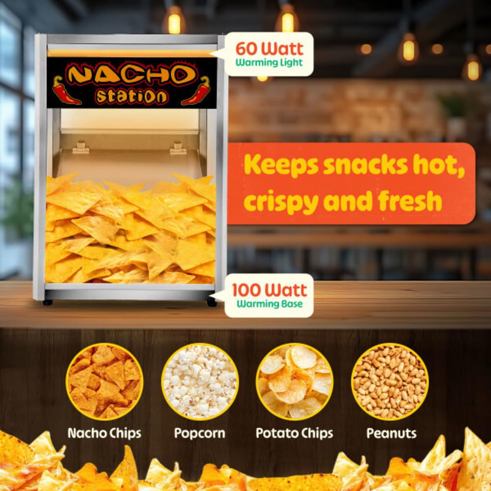 Nacho Machine Food Warmer - Steel Countertop Display Case and Merchandiser for Tortilla Chips, Peanuts, and Popcorn by Great Northern Popcorn (Silver)