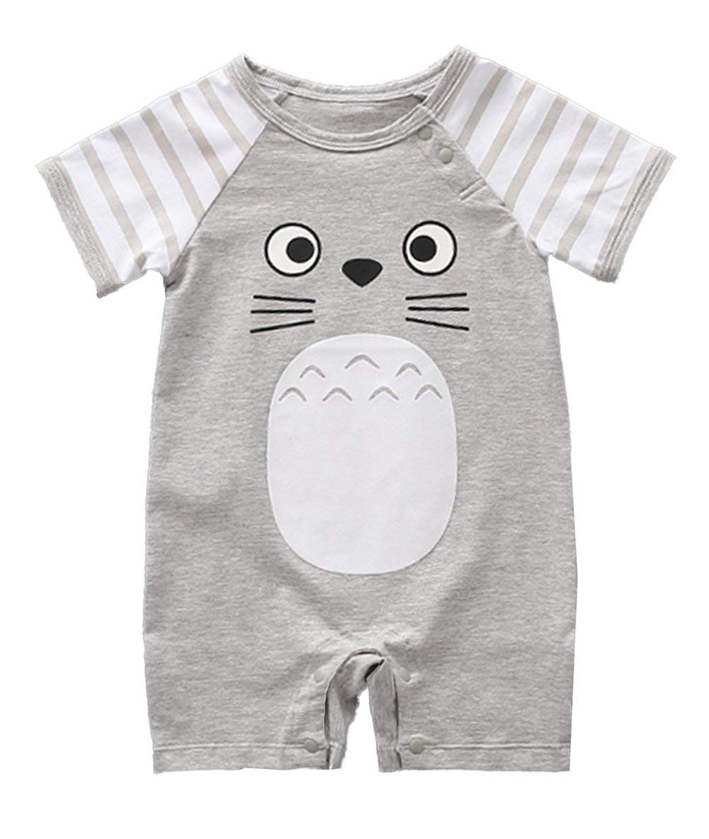 Unisex Baby Cotton Onesie - Short Sleeve Outfit with Cute Graphics, Striped Sleeves, 3-6 Months, Grey