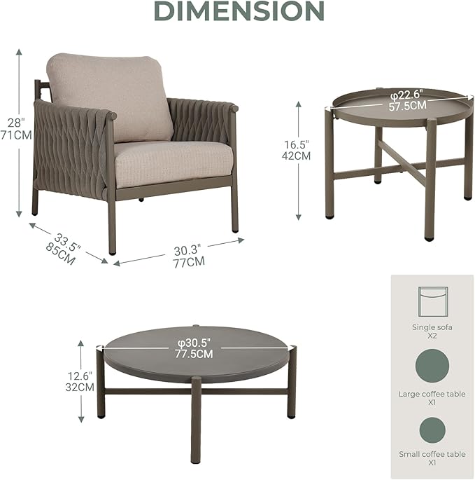 Grand patio 4-Piece Outdoor Furniture Set, Outdoor Sofa Set with 2 Round Side Tables, Modern Metal Patio Couch with 6-inch Thick Waterproof Cushions for Porch Deck Backyard, Beige