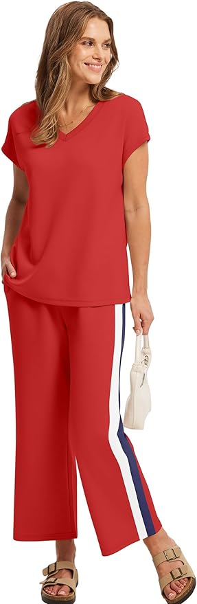 Saloogoe Two Piece Sets for Women Summer Outfits Lounge Sets V Neck Tops Wide Leg Pants Woman Vacation Travel Outfits