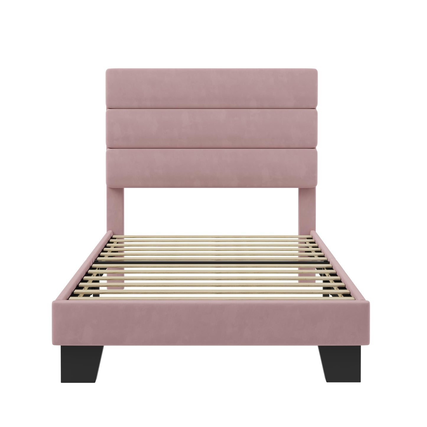 SHA CERLIN Twin Platform Bed Frame with Velvet Upholstered Headboard, Mattress Foundation with Strong Wooden Slats Support, No Box Spring Needed, Pink