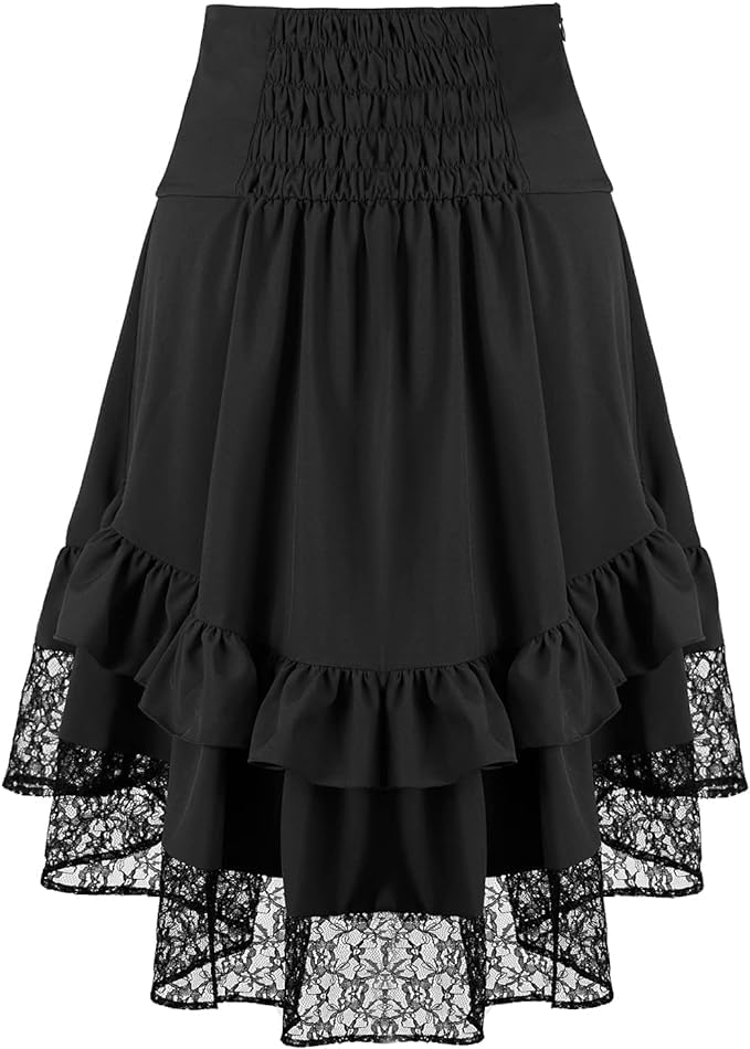 itsjake Women's Steampunk Skirt Retro Gothic Pleated Asymmetric High Low Lace Ruffle Skirt(Black,S)