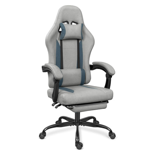 ErgoDesign Breathable Fabric Gaming Chair with Footrest, Height Adjustable Game Chair, Video Gaming Chair for Gaming Room, Living Room and Office - Light Grey/Blue