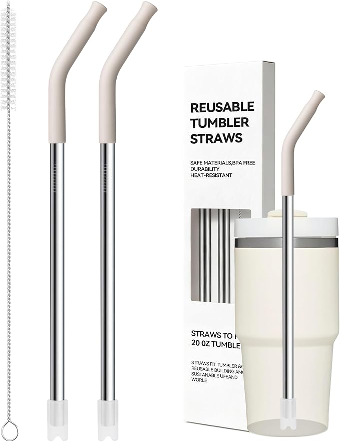 Metal Straws With Silicone Tip For Stanley Adventure Quencher H2.0 Tumbler 14 oz 20 oz,Short Straw Replacement Stainless Steel Straws Reusable For STANLEY Cups 14oz,20 oz, Dishwasher Safe(Cream Gray)