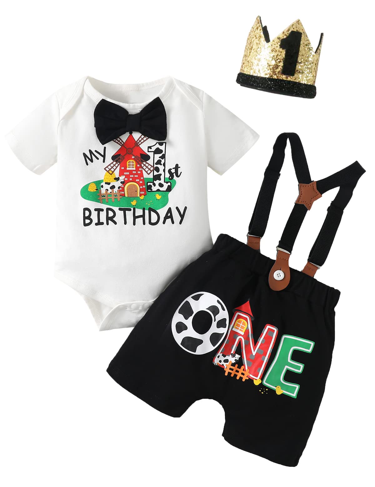 Farm Boy 1st Birthday Outfit - Boy's Black Short, 12-18 Months