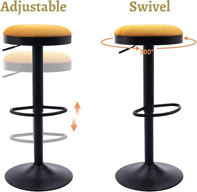 EALSON Modern Swivel Bar Stools Set of 6 Adjustable Counter Height Backless Barstools with Metal Base Fabric Upholstered Round Bar Stool Chairs for Kitchen Island/Pub/Breakfast Bar, Yellow