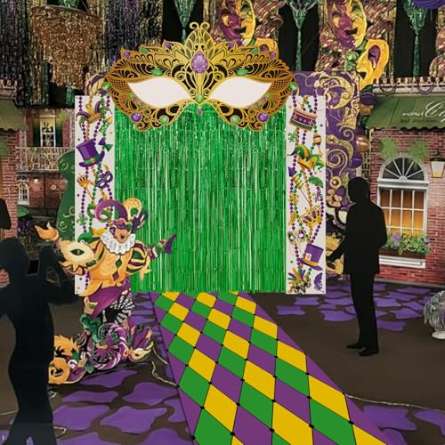 VitalCozy 7pcs Mardi Gras Party Decorations Masquerade Mask Party Banners Purple Green Gold Foil Fringe Backdrop Curtains ...