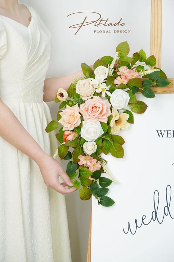 Wedding Decor (Pack of 2) Welcome Sign Flower Backdrop Garland for Ceremony Reception Wall Easel Home Decoration Entryway Faux Outdoor Board Head Table Decor (Flesh Pink & White)