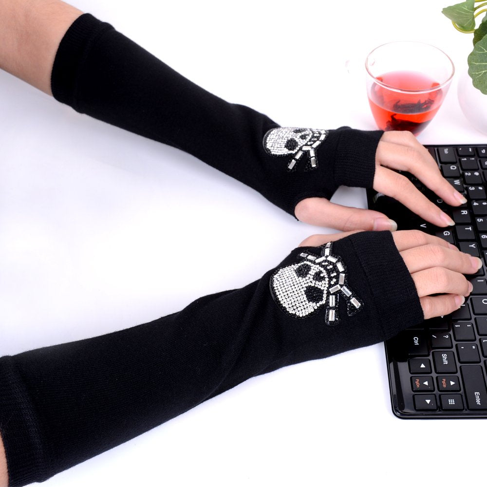 JISEN Women Punk Winter Arm Warmer Knitted Stretchy Soft Fingerless Gloves Black B
