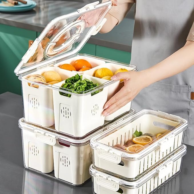 shopwithgreen Fruit Storage Containers for Fridge with Lid and Handle, Portable Fresh Produce Saver, Food Box Container with 4 Removable Colanders for Berry, Vegetable, Refrigerator Organizer Bins