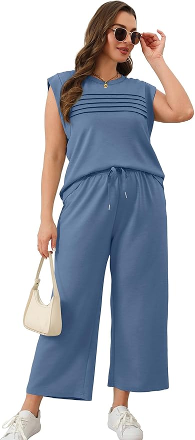 WIHOLL 2 Piece Sets for Women Summer Lounge Sets Travel Vacation Outfits Cap Sleeve Sweatsuit Side Slit Wide Leg Pants S-3XL