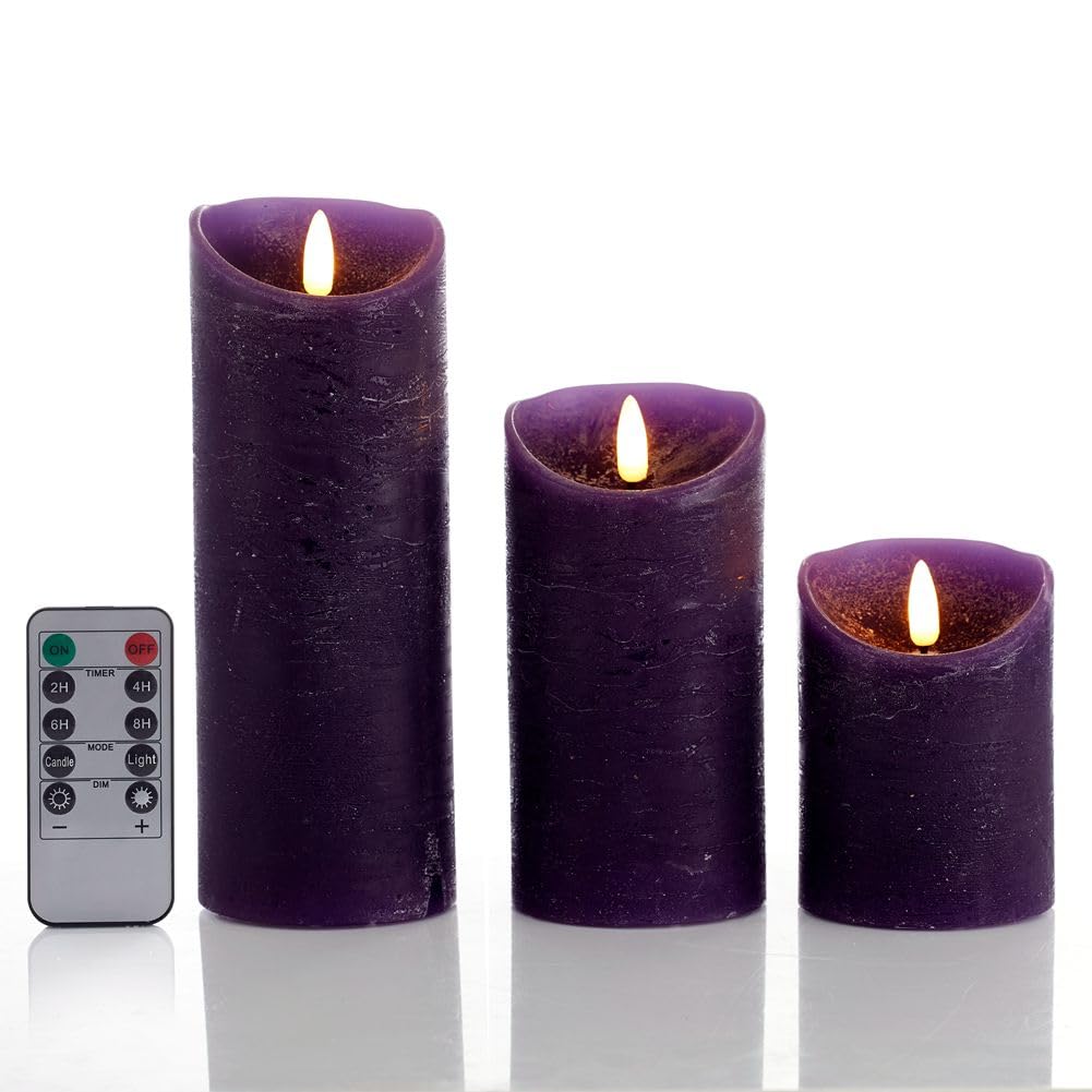 glowiu Flameless Candles with Remote LED Candles Set of 3, Battery Operated Candles for Party Home Wedding Holiday Birthday Decor (H 4" 6" 8" x D3) (Purple)