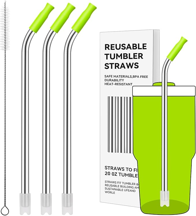 Reusable Metal Straws with Silicone Tip for Stanley 20oz,Stainless Steel Drinking Straws for 20oz Tumbler,3 Bent Tubes & 6 Tips& 1 Cleanr Brush(Bright Lime)