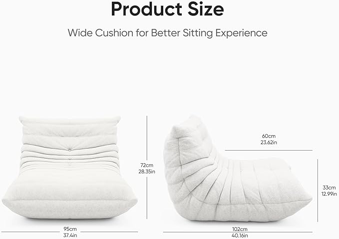 Bean Bag Chair for Adults, Fireside Togo Chair, BeanBag Chairs for Teens with High-Resilience Memory Foam, Non-Slip Base Compressed Floor Lounge Sofa for Living Room, Bedroom, White