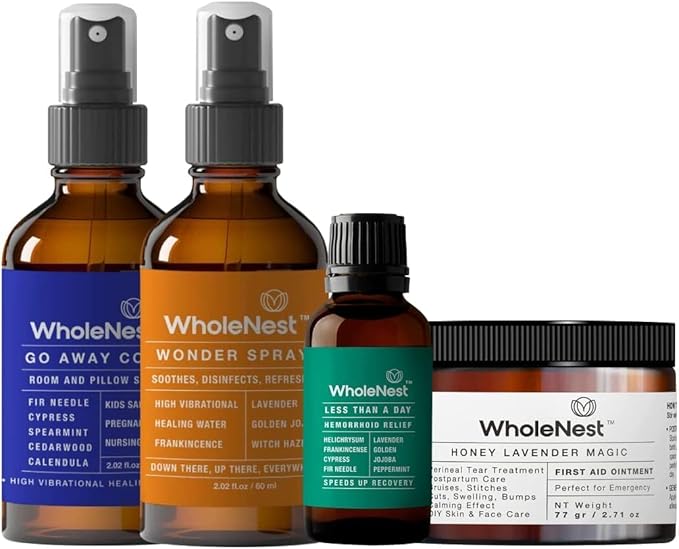 Postpartum Essential Kit | Ultimate Gift for New Moms | Includes Wonder Spray, Honey Lavender Magic Ointment, Hemorrhoids Relief, & Go Away Cold! Spray | Natural, Safe, Multi-Purpose Care