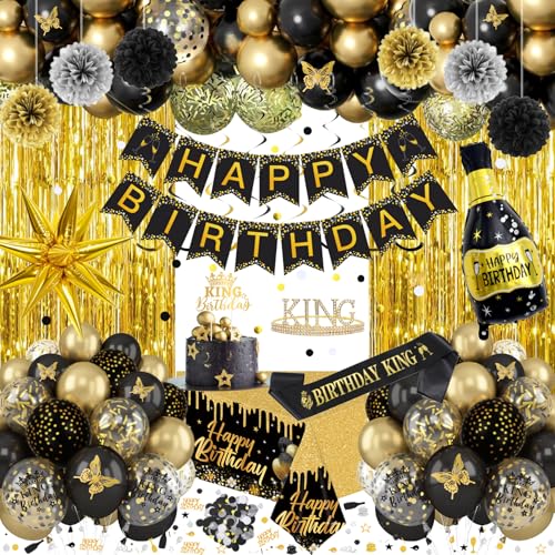 Black and Gold Birthday Decorations for Men Boy, 100pcs Black and Gold Party Decorations with Happy Birthday Banner, Ballo...